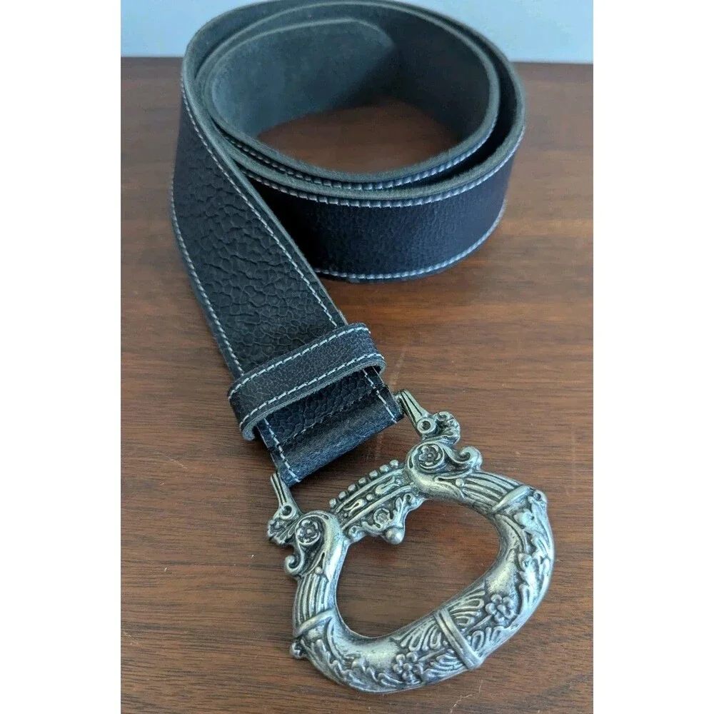 Vintage Italian Leather Belt Womens M Black Pebbled Ornate Pewter Buckle 34-38
